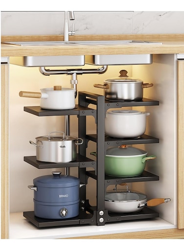 Pots and Pans Organizer for Cabinet,Kitchen Organizer and Storage Rack space Saving Stand with Adjustable Dividers 7 Layer Double Sided With Panel Black