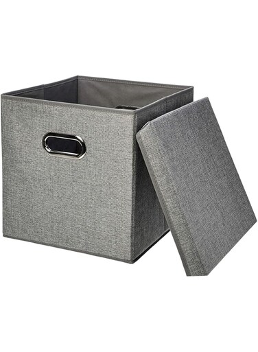 Amazon Basics Foldable Burlap Cloth Cube Storage Bin With Lid, Set of 2, Gray
