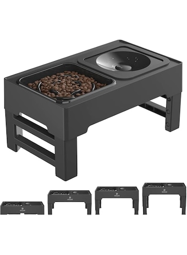 Fitmos PET Raised Dog Bowl, 2-in-1 Elevated Dog Bowl with Slow Feeder and Non-Spill Slow Water Bowl, 4 Height Adjustable Pet Dispenser with Stand for Small Medium Large Dog Cat
