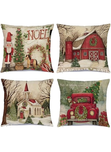 Hlonon Christmas Decorations Christmas Pillow Covers 18 x 18 Inches Set of 4 - Xmas Series Cushion Pillow Cover Custom Zippered Square Pillowcase