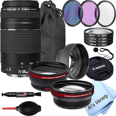 Al's Variety-Canon Intl. Canon EF 75-300mm f/4-5.6 III Telephoto Zoom Lens With 2X Telephoto Lens, HD Wide Angle Lens, Filters And Accessories (19 Piece Bundle)