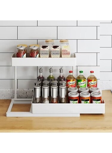 Under Sink Storage Organizer Bathroom Countertop Organizer 2-Tier Sliding Kitchen Cabinet Organization with Hooks Multi-purpose Shelf Organizer For Kitchen Bathroom Bedroom Office