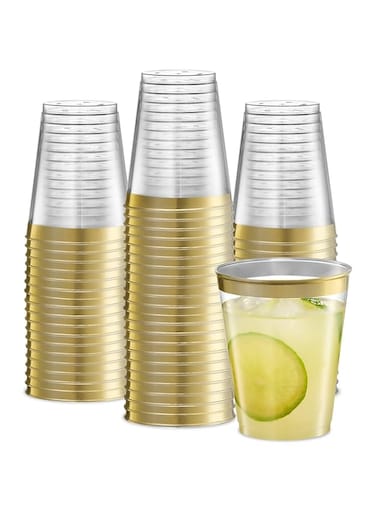 Disposable Plastic Cup, 25 Pcs Crystal Clear for Parties And Weddings with Gold Edge(10 oz)