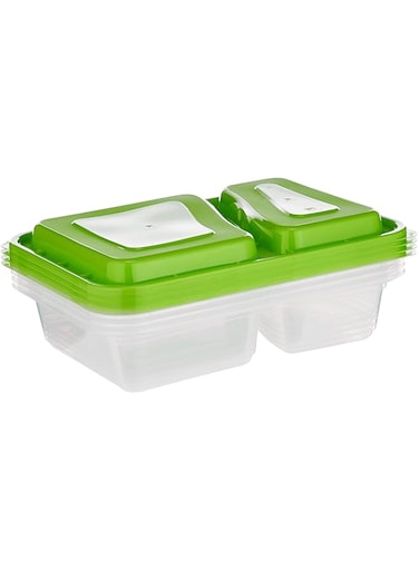 FUN BY AL BAYADER فن Biodegradable 2-Compartment Clear Rectangular Container with Green Lid 32oz Freezer Oven safe (BPA-FREE) Food Containers, Lunch Box, Reusable, Disposable (Pack of 4)