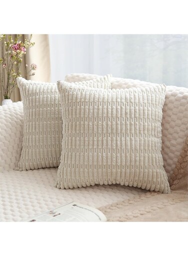 2 Pcs Corduroy Decorative Throw Pillow Covers, 18x18 Inch Cushion Cover, Soft Striped Square Boho Pillow Covers, Modern Farmhouse Home Decor for Sofa Living Room Couch Bed, Cream White