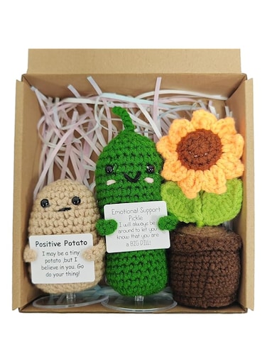 3Pcs Positive Crochet Potato With Standing Base,Handmade Crochet Emotional Support Collection Dolls Sunflower Design Encouraging Gift Pocket Hug Dolls for Birthdays,Home Office,Party Decorations