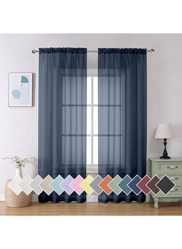 Khazna Sheer Navy Blue Curtains, 2 Panels Set, Airy Soft-Touching Rod Pocket Voile Drapes for Living Room/Bedroom, 100x250CM