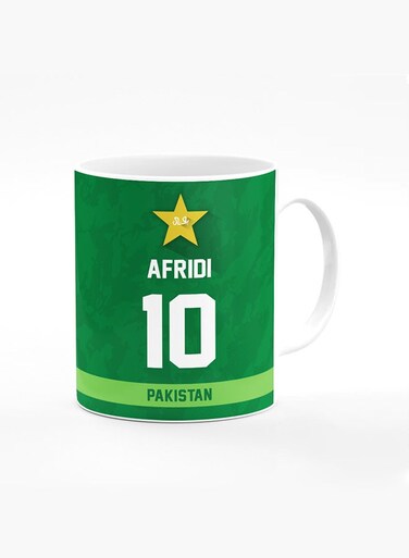 Designer Printed Coffee Mug with Heavy Duty Handle 11oz Ceramic Personalised Gift Mugs Cup [Microwave Safe &amp; Dishwasher Proof ] - Cricket Player - AFRIDI, Jersey Number - 10 (With Logo)