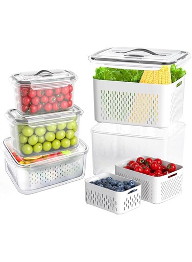 KEPTFIT 3 PCS Fruit Storage Containers for Fridge, with Lids Handle and Removable Colander, Airtight Food Storage Container, for Refrigerator, Keep Berry Fruit Vegetable Fresh Longer (3PCS)
