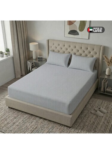 Striped Fitted Sheet Set Light Grey Cotton Bedding Set with Deep Pocket Elastic Bed Sheet and Two Pillowcases Breathable Soft Fabric Mattress Cover 90x200 cm