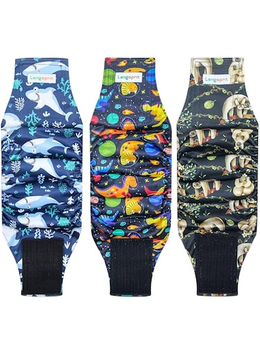 Langsprit Male Belly Bands for Dogs (Pack of 3) - High Absorbing Dog Wraps Male Washable - Reusable Male Dog Diapers (Sloth,Whale,Dinosaur, Medium)