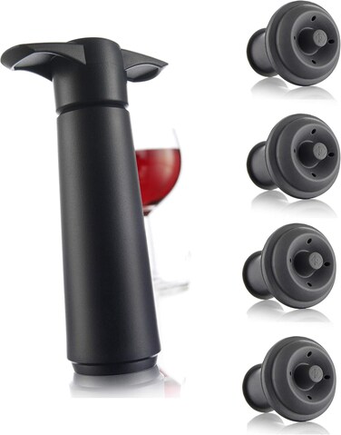 Wine Saver Pump with 2 x Vacuum Bottle Stoppers - Black (Black Pump + 4 Stoppers)