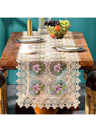 SYOSI Spring Lace Table Runner, Floral Embroidered Lace Runners for Tables, Waterproof Cross Stitch Coffee Table Rose Pattern for Rustic Farmhouse Dining Coffee Wedding Table Decorations (16x 72")