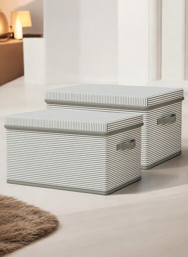 2 Piece Fabric Clothes Storage Box with Lid, Large Capacity Multipurpose Folding Storage Bin, Moisture Proof and Dust Proof Organizer with Duty Handles for Pants, Quilts, Underwear, Toys and Books (50x40x30 cm)