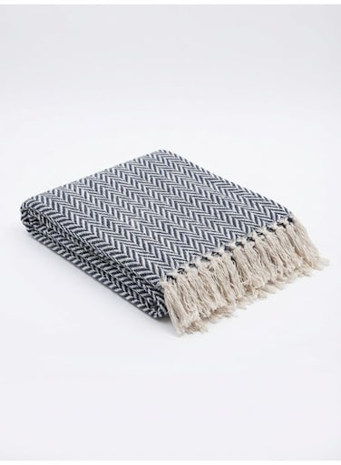 130 x 160 cm Premium Cotton Navy Blue Chevron Herringbone Throw Blanket for Couch Sofa Bed Boho Decorative Fringed 400GSM