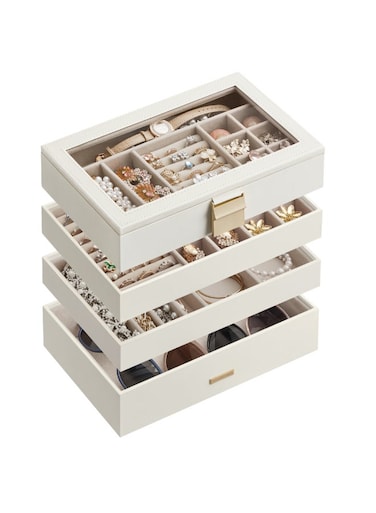 Stackable Jewellery Trays, 4-Tier Jewellery Box, Large Jewellery Case, Clear Glass Lid, 17 x 28 x 18.3 cm, for Dressing Table, Gift Idea, Cloud White