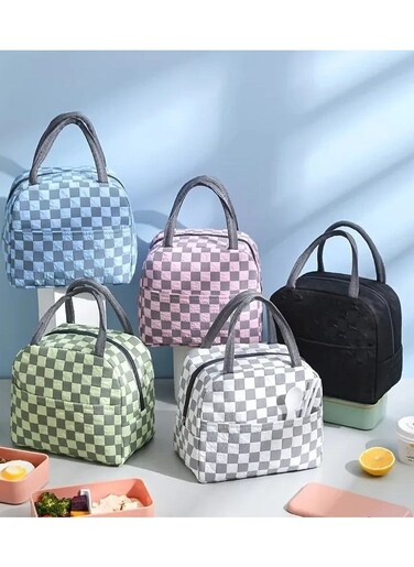 Small Insulated Waterproof Lunch Bag Thermal Reusable Lunch bag For Office Work School College Travel Picnic Small Cooler Tote Bag for Men Women Boys Girls Indoor Outdoor 23 20 14CM Checkered&nbsp;Black