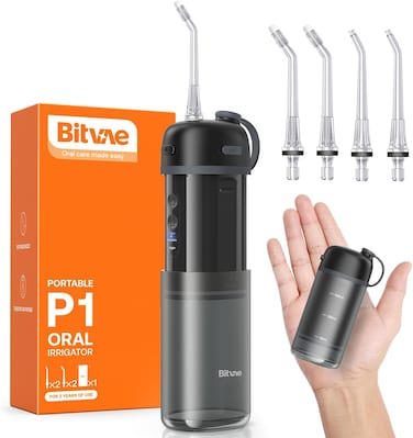 Bitvae P1 Water Dental Flosser, Travel Teeth Picks, Cordless Mini Cleaner Picks With Telescopic Tank, Ipx7 Waterproof Flossing Cleaning Brace &amp; Sensitive Care, Black