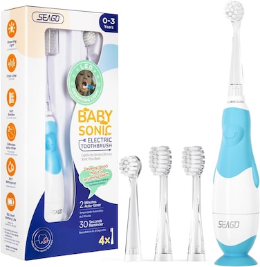 SEAGO Toddler Electric Toothbrushes for Baby Ages 0-3 Years, Baby Toothbrush with Smart Timer and Suction Base, 4 Replacement Brush Heads SG-513(Pink-C) (blue)