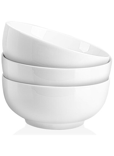 DELLING 22 Oz Ceramic Soup Bowls Set, 6.6" White Porcelain Mixing Bowls, Large Serving Bowls for Kitchen, Cereal, Snack, Rice, Pasta, Salad, Oatmeal, Set of 3, Microwave and Dishwasher Oven Safe