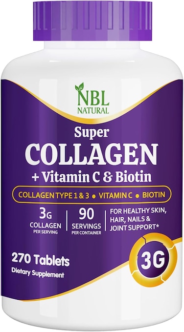 NBL Natural Super Collagen Tablets &ndash; 270 Tablets &ndash; Collagen Type 1 &amp; 3 with Vitamin C &amp; Biotin &ndash; 3g Per Serving &ndash; Supports Hair, Skin, Nails &amp; Joint Health &ndash; 90 Servings