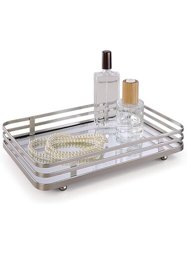 SunnyPoint Classic Decorative Vanity Perfume Dresser Jewelry Organizer Makeup Mirror Tray (Satin Nickel)