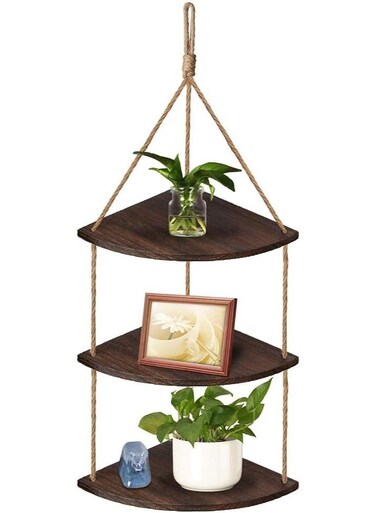 Corner Rope Shelf Hanging: 3 Tier Hanging Corner Shelf Wood Wall Floating Shelves Adjustable Swing Shelf with Jute Rope Rustic Organizer Displays Storage Rack Coner Wall Mount for Bedroom