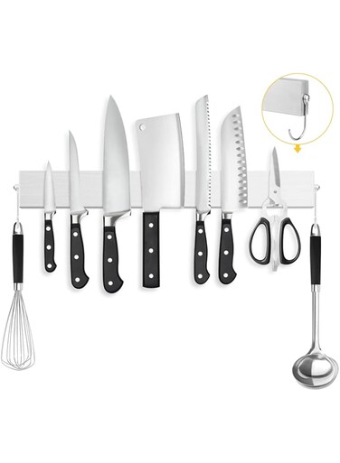 Qoosea Magnetic Knife Holder for Wall with Hooks 16 Inch Stainless Steel Knife Magnetic Strip with Fully Strong Magnetic Multi-Purpose Used as Knife Holder Magnetic Tool Art Supply &amp; Home Organizer
