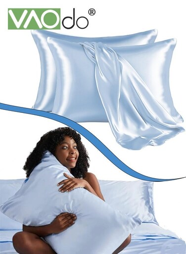 2 Pack Satin Pillowcases for Hair and Skin, Super Soft and Cooling Material, Both Sides Smooth and Breathable Silky Pillow Cases Set of 2, Envelope Closure Design Light Blue, 51*102CM