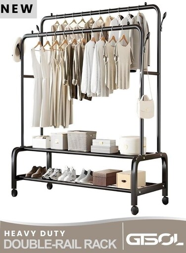 Double Rail Clothes Rack with Wheels   Heavy Duty Metal Garment Rack with 2-Tier Shelves   Rolling Clothes Rail Storage Stand for Bedroom, Home &amp; Office