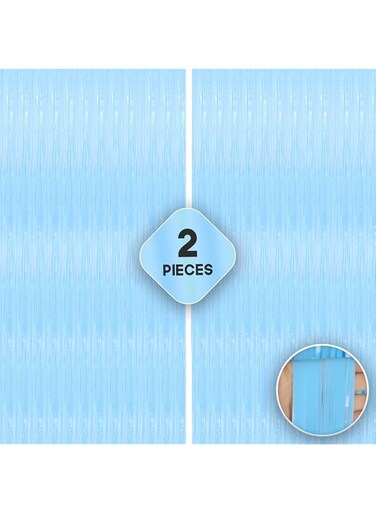 Xtra Large, Pastel Blue Fringe Curtain - 3.2x10 Feet   Pack of 2   Blue Metallic Tinsel Backdrop   Streamers for Gender Reveal Party Supplies, Baby Shark, Under the Sea Birthday Decorations for Boys