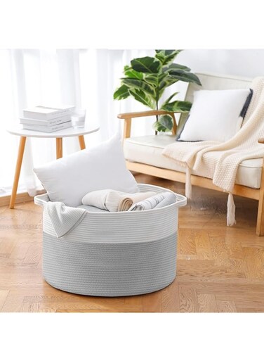 KisSun Extra Large Decorative Woven Cotton Rope Basket, Laundry Basket Blanket Basket Baby and Dog Toy Storage Baskets Bin, Kid Laundry Hamper, (55cm*35cm White + Grey)