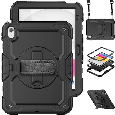 Case for iPad (A16) 11th/10th Generation 2025/2022 (11&Prime;/10.9&Prime;) - with Screen Protector, 360 Rotating Stand &amp; Pencil Holder &amp; Hand &amp; Shoulder Strap Shockproof (Black)