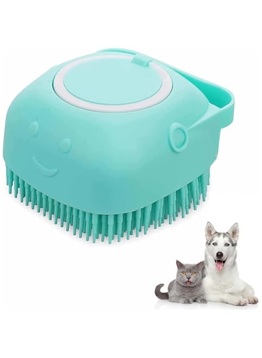Yowlens Dog Cat Bath Brush, Pet Grooming Soothe Soft Silicone Dog Brush with Shampoo Dispenser for Long Short Haired Dogs and Cats(Blue)