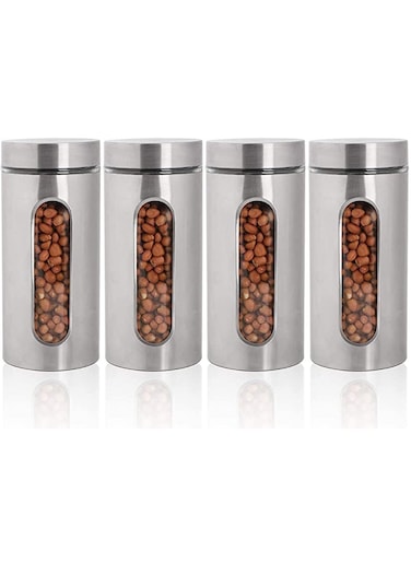 4 piece set Stainless Steel Food Storage Canister Sets with Glass Visible Window &amp; Airtight Lids,Airtight Sugar Coffee Tea Candy Storage Jars，Food Storage Containers Grain Storage Tank (1300ml)