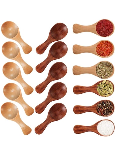 Small Wooden Salt Spoon - 10 Pack Mini Wood Spoon with Short Handle, Perfect for Small Jars of Jam, Spices, Condiments, Seasoning, Sugar, Honey, Coffee, Tea, Mustard, Ice Cream, Milk Powder