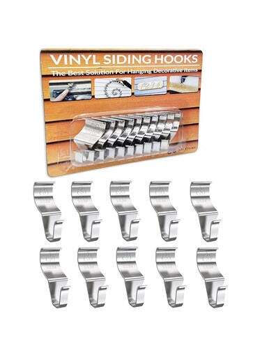 NACETURE Vinyl Siding Hooks Hanger (10 Pack)   Vinyl Siding Hooks for Hanging Outdoor Deck Decor, No Drill Vinyl Siding Clips for Hanging Outside Home or Holiday Decor (Sliver)