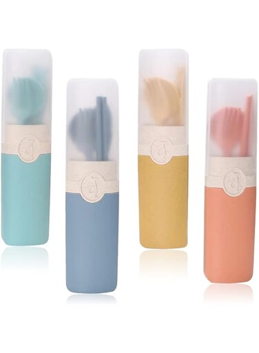 Excefore Wheat Straw Cutlery,4 Sets Portable Cutlery Spoon Knife Fork Tableware Set,Reusable Travel Flatware Set with Case for Kids Adults School Travel Camping Family Daily Use(4 Colors)