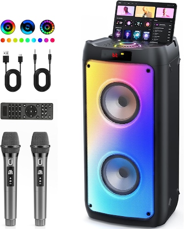JYX Karaoke Machine with 2 Wireless Microphones, Portable Bluetooth Speaker for Adults &amp; Kids, Big Party PA System with Disco Lights for Gatherings, The Best Gifts for Family