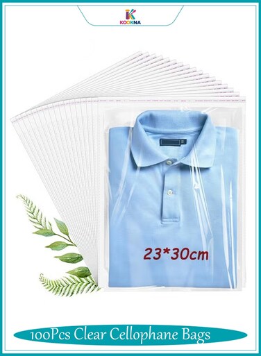 100Pcs Clear Plastic Bag, 23x30cm Large Bags for Clothing and Shirts, Resealable Cellophane Sleeves for Professional Retail Packaging, Dust-Proof and Tear-Resistant, Self-Sealing