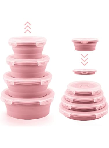 Collapsible Bowls For Camping, Set of 4 Round Silicone Food Storage Containers with Lids, Rv storage and organization, Rv Kitchen Accessories, BPA Free, Microwavable, Freezer, Dishwasher Safe (Pink)
