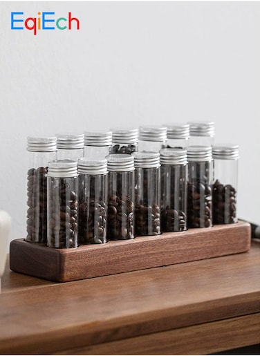 Single Dose Coffee Bean Storage Tubes 14 Pcs with Lids and Wooden Stand, Dosing Glass Vials for Coffee Bean Storage and Display
