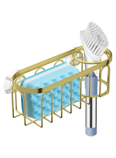 Yazoni 2-in-1 Sponge Holder for Kitchen Sink, Suction Cup Rack Caddy, No Drill Rustproof Kitchen Sink Organizer for Place Dishwashing Brush Soap and Sponge (Gold)