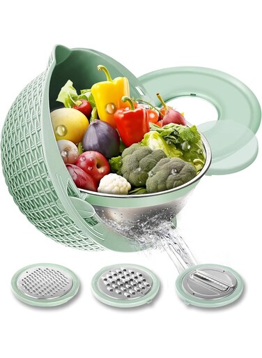 Colander with Mixing Bowl Set, Food Strainers and Colanders for Kitchen with Vegetable Slicer, Multipurpose Double Layer Rotatable Pasta Rice Strainer, Fruit and Veggie Washing Draining Basket