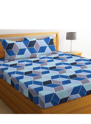 HOME&Acirc;&reg; Glace Cotton 180 TC Geometric Cube Pattern Printed Single Bedsheets with 1 King Size Pillow Cover, (60X90 Inches, 4 X 6 Feet) 148*228 cms