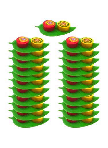 Epoojacart Plastic - Leaf Shape Thamboolam Set With Pasupu Kumkum- Fancy Leaf Set Combo With Haldi Kumkum (21), multi-colour