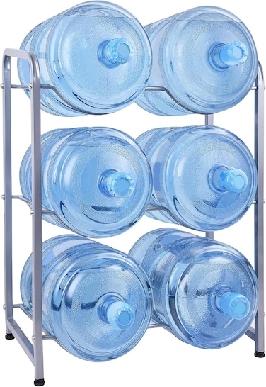 5 Gallon Water Bottle Holder 3 Tier Cooler Jug Rack for 6 Bottles Heavy Duty Detachable Space Saver Shelf Home Office Organization, Silver