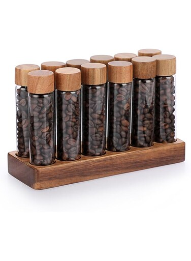 JUXYES Set of 12 Single Dose Coffee Bean Storage Tubes with Wooden Stand and Lids, Dosing Glass Vials for Coffee Storage, Coffee Bean Container Cellars, Espresso Bean Canisters Set, 2 fl oz