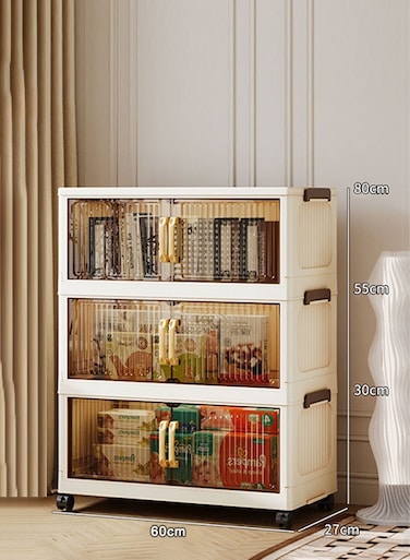 3-Tier Foldable Plastic Storage Cabinet with Handles, Double Doors &amp; Wheels, 60cm Wide Stackable Organizer Bin for Clothes, Toys, Bedding &amp; Office Supplies