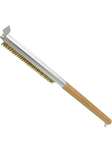 THE WHITE SHOP Pizza Stone Brush, 20.9-inch Pizza Oven Brush with Scraper, Brass Bristle, Wood Handle
